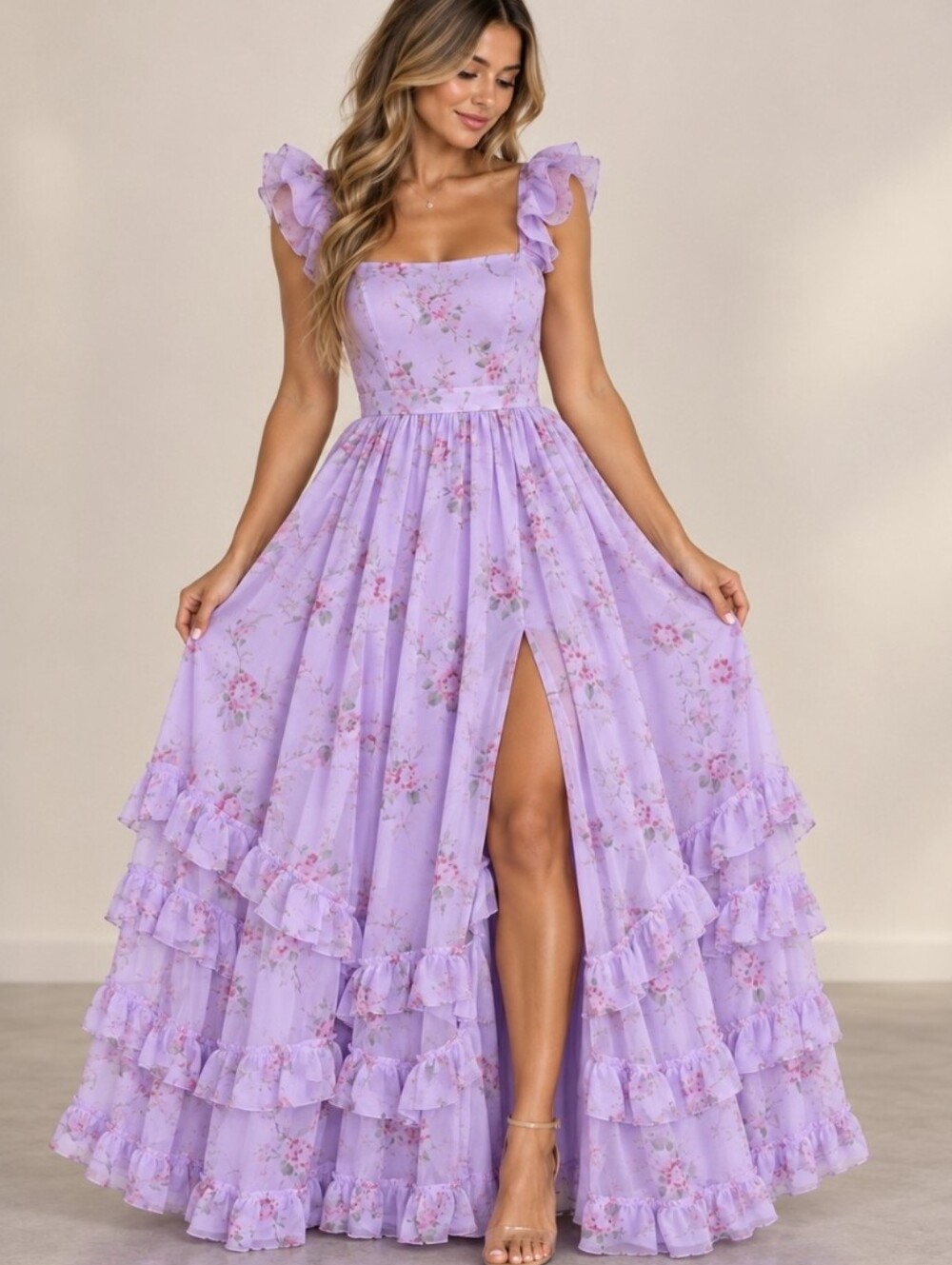 Lilac Lavender Floral Corset Maxi Dress Ruffle Slit Cottagecore Formal Gown 12 L